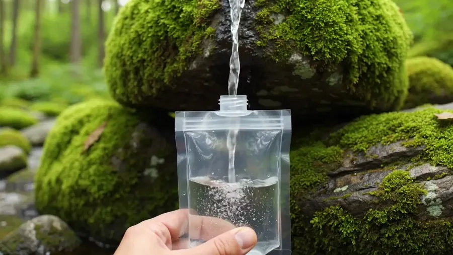 Filling the Survival Sip squeeze pouch with water outdoors