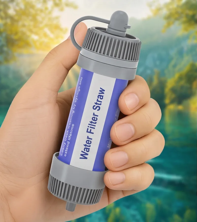 Hand holding the Survival Sip water filter straw near a stream