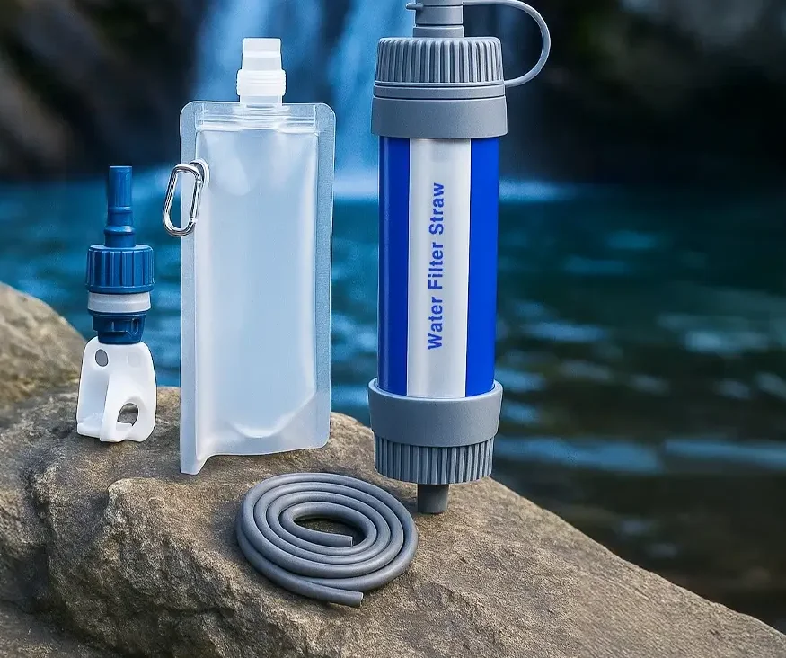 Survival Sip water filter straw kit with the filter, squeeze pouch, bottle adapter and tubing on a rock by a river